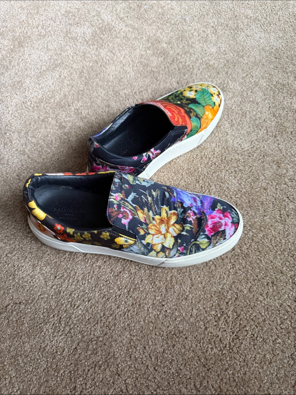 Authentic Balenciaga Floral Slip-On Canvas Sneakers - Black Multi